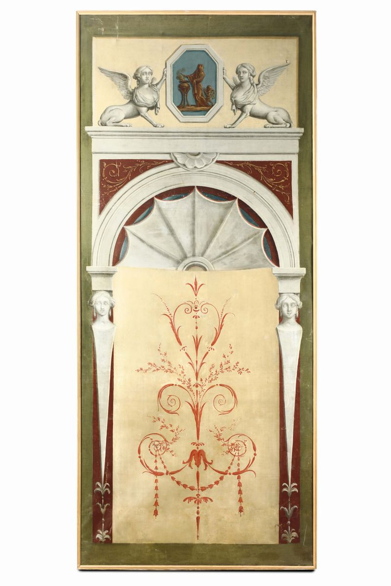 Boiserie Composta da Sette Pannelli su Tela Dipinta a Motivi di Gusto Neoclassico, Italia, XVIII-...