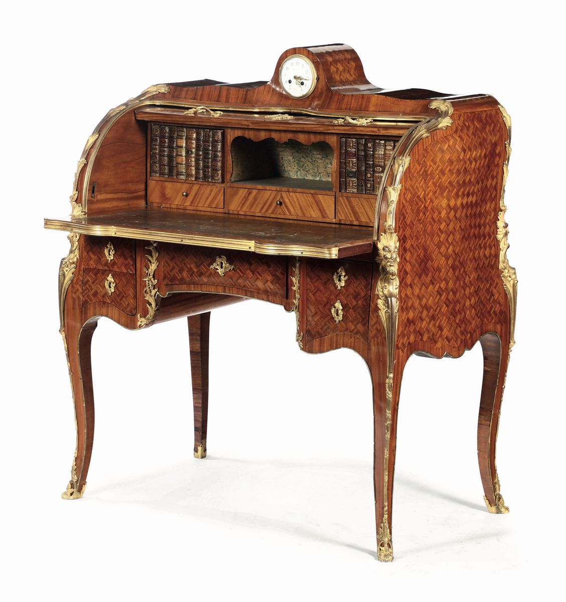Rara Coppia di Bureau a Cilindro a Rullo Lastronate a Marqueterie, Francia, Epoca Napoleone III, ...