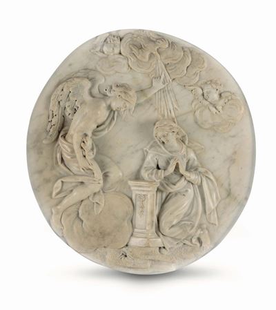 Altorilievo in Marmo Raffigurante Annunciazione. Arte Barocca Italiana del XVII-XVIII Secolo