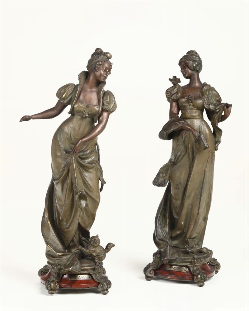 Coppia di figure di dame in antimonio, periodo liberty  - Asta Antiquariato - Cambi Casa d'Aste