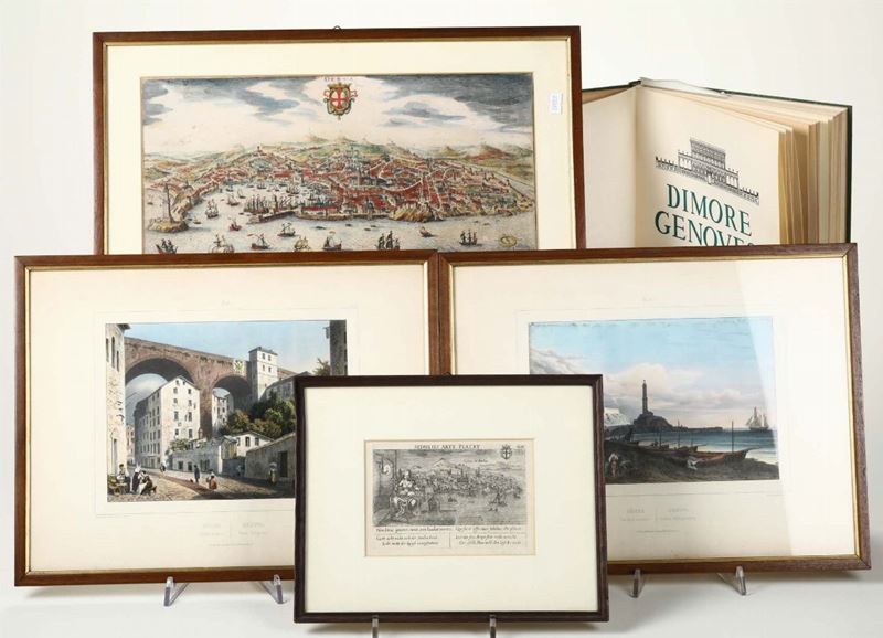 Lotto composto da due litografie, due stampe e dal libro Dimore Genovesi  - Auction Timed Fine Art - I - Cambi Casa d'Aste