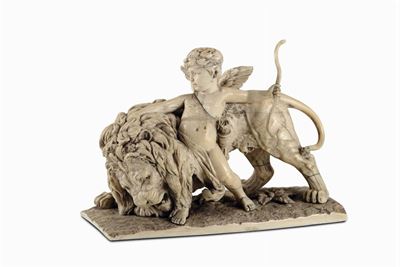 Gruppo in Avorio Raffigurante Cupido e il Leone. Francia (dieppe?) Fine del XIX Secolo
