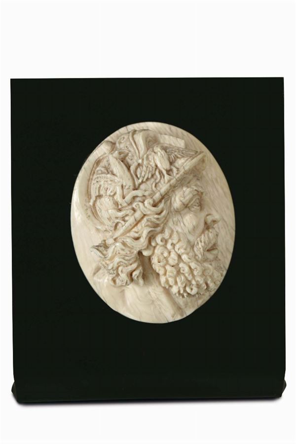 A profile of the god Ares (Mars) in carved ivory. Southern Germany 18th century
