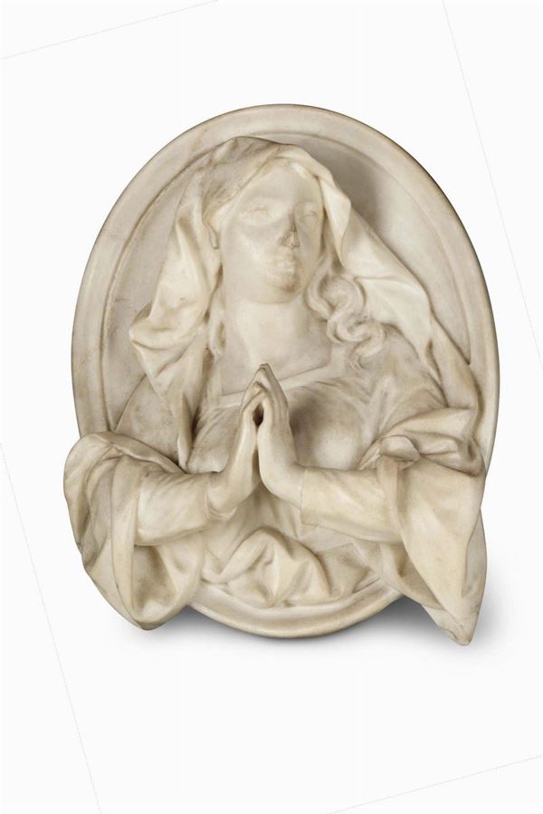 A marble high-relief depicting a praying Saint (Saint Therese of Avila?). Baroque sculptor, active in Naples in the 17th century
