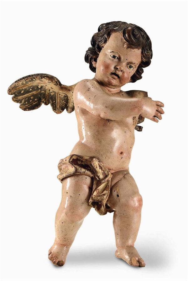A putto in polychrome and gilded wood, Genoese Baroque sculptor from the circle of Maragliano, 17th-18th century