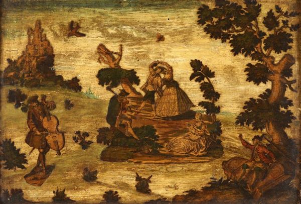 Coppia di pannelli lignei decorati ad arte povera, Venezia XVIII secolo