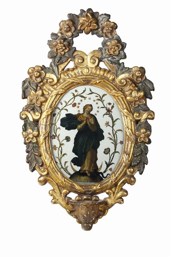 Acquasantiera in legno intagliato, dipinto e dorato, XVIII secolo