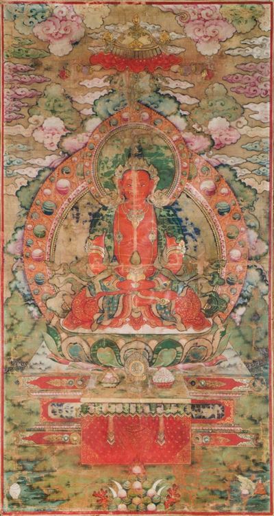 Tanka a Fondo Verde con Figura di Amitayus Rosso Centrale, Tibet, XVIII Secolo