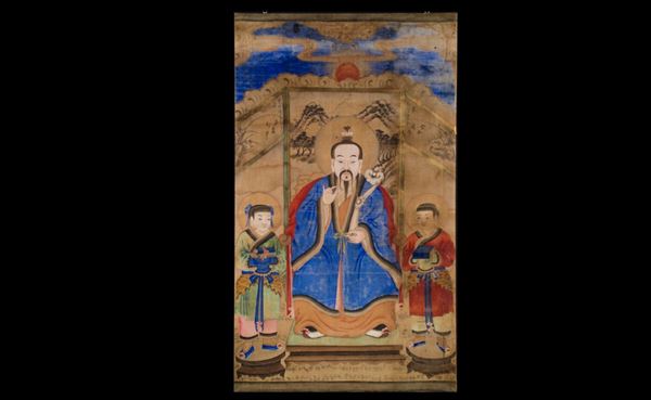 A painting on silk depicting a dignitary with children and inscriptions, China, Qing Dynasty, 19th century