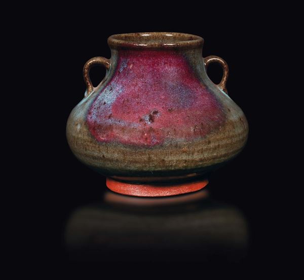 Giara in porcellana flambé a fondo viola e turchese, Cina, Dinastia Qing, XIX secolo