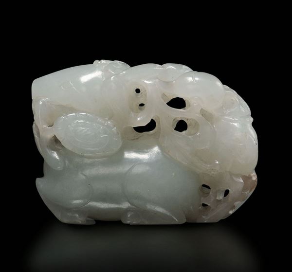 A white jade horse and goose between leaves branches group, China, Qing Dynasty, Qianlong Period (1736-1795)