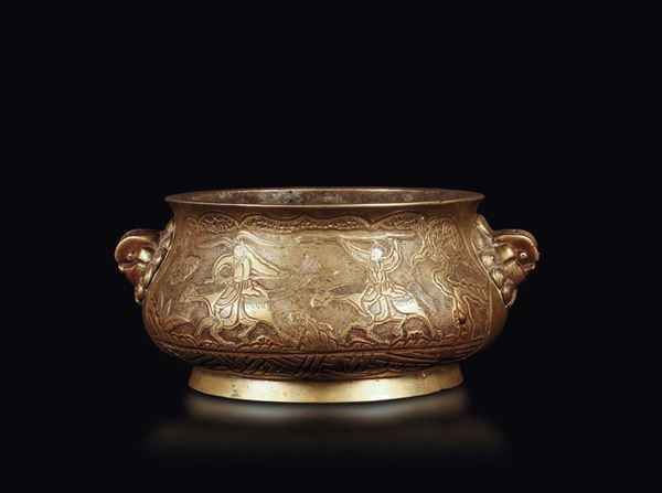 A rare gilt bronze censer with battle scenes, China, Qing Dynasty, Qianlong Period (1736-1795)