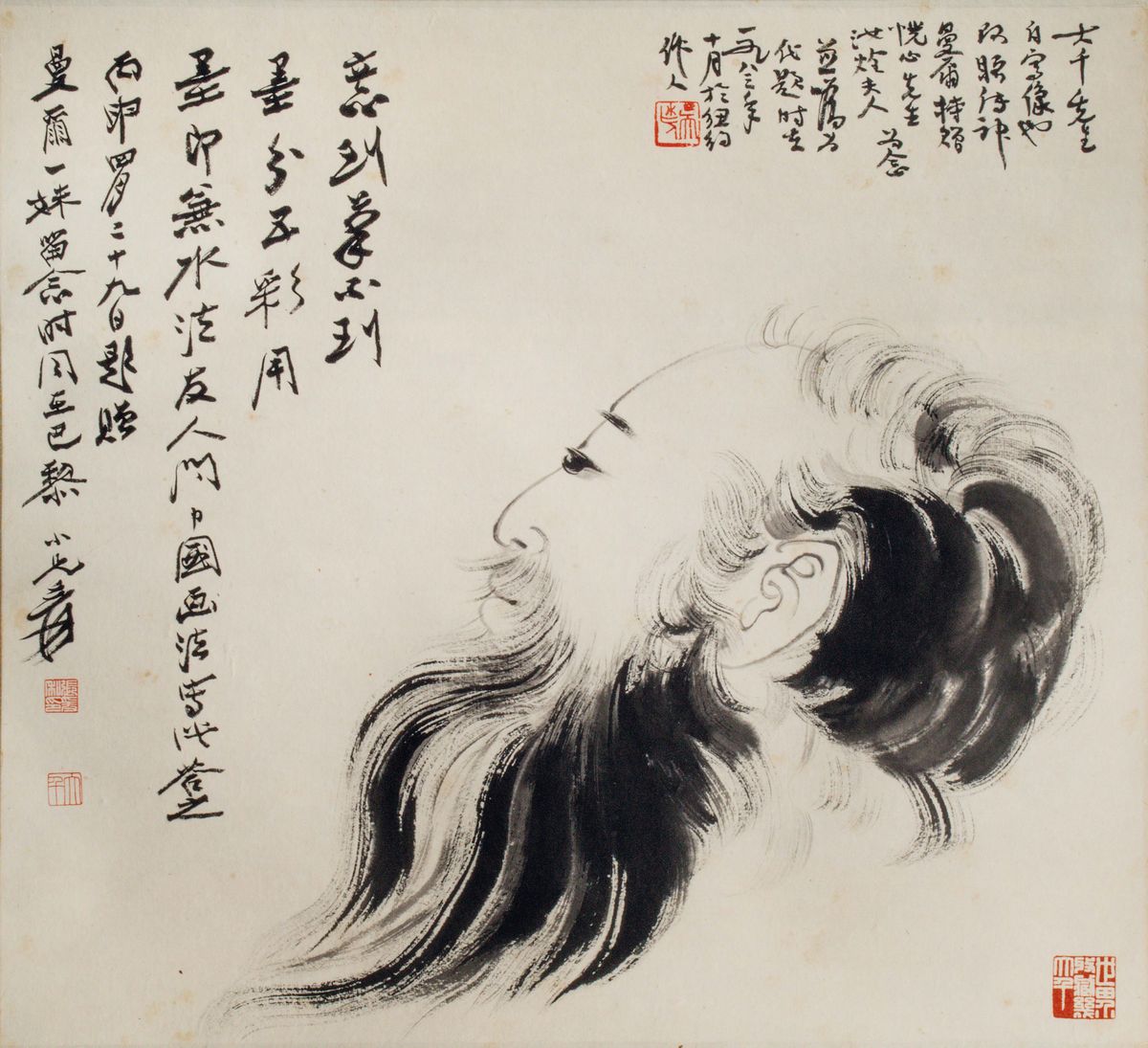 Dipinto su Carta con Volto di Saggio ed Iscrizioni, Cina, Inizio XX Secolo