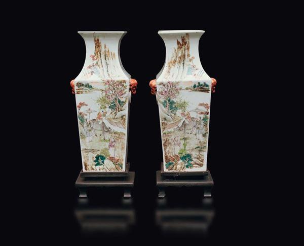 A pair of polychrome enamelled porcelain vases with poem and its depiction, China, early 20th century