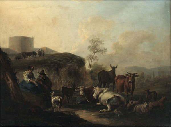 Albert Cuyp (1620 - 1691), attribuito a Paesaggio con animali al pascolo
