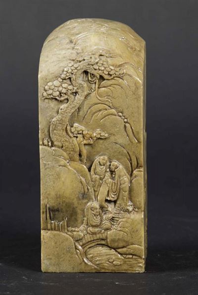 Sigillo in Saponaria con Figure Entro Paesaggio, Cina, Dinastia Qing, XIX Secolo