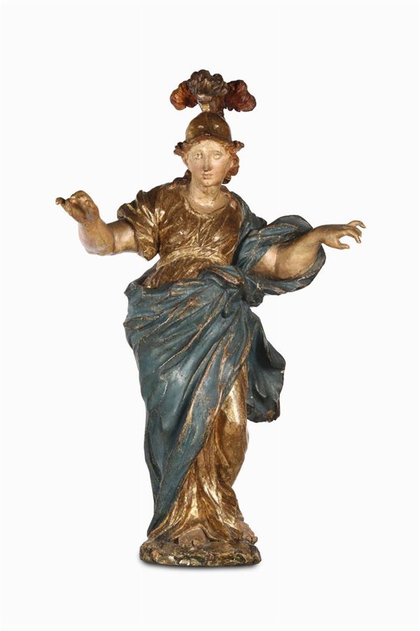 A sculpture in polychrome wood depicting a Saint. Italian Baroque art from the 17th-18th century