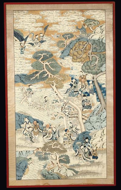 Tessuto Kesi con Raffigurazione Fantastica di Guanyin e Saggi tra le Nuvole, Cina, Dinastia Qing,...