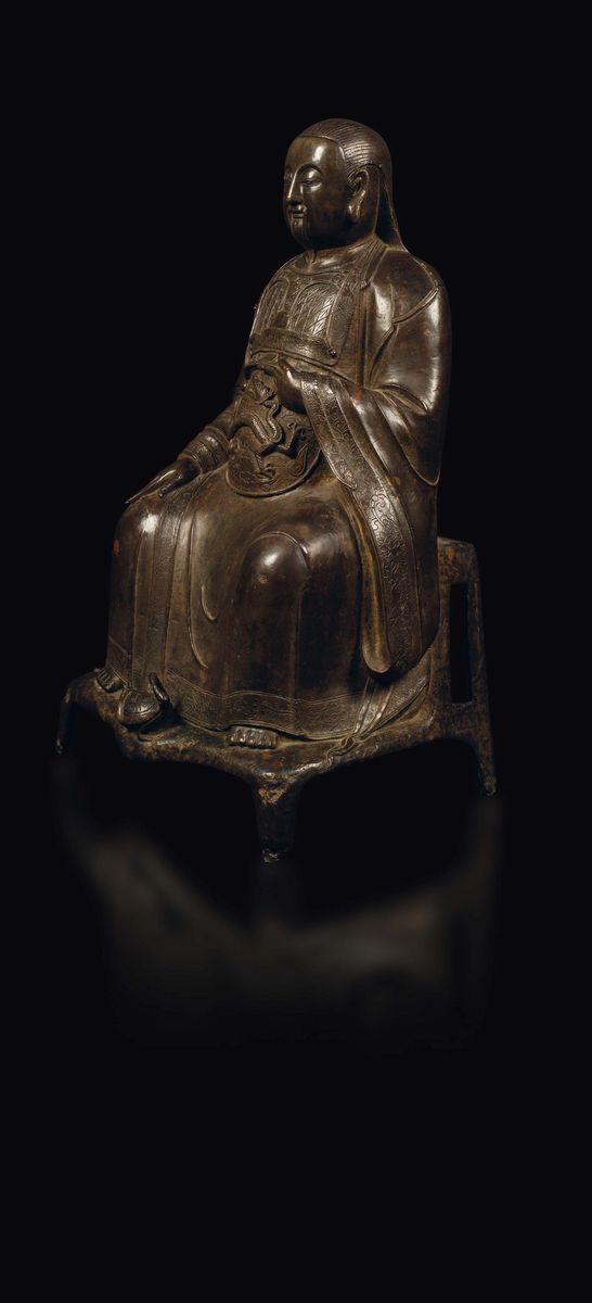 Grande Figura di Zhenwu Seduto in Bronzo con Tracce di Doratura, Cina, Dinastia Ming, XVII Secolo