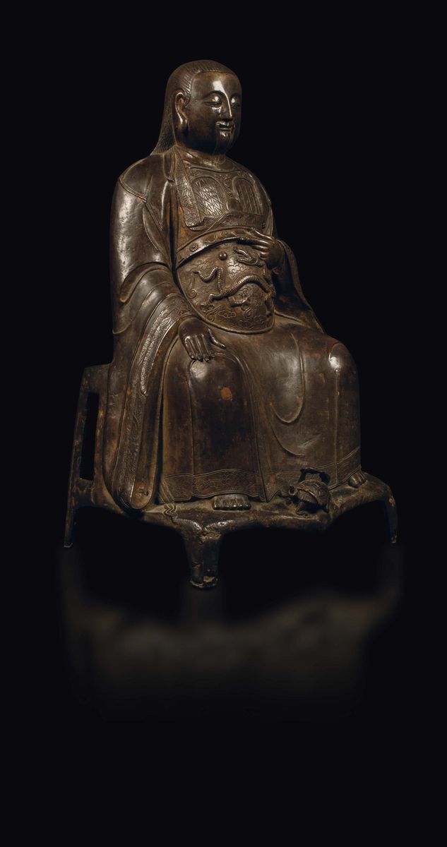 Grande Figura di Zhenwu Seduto in Bronzo con Tracce di Doratura, Cina, Dinastia Ming, XVII Secolo