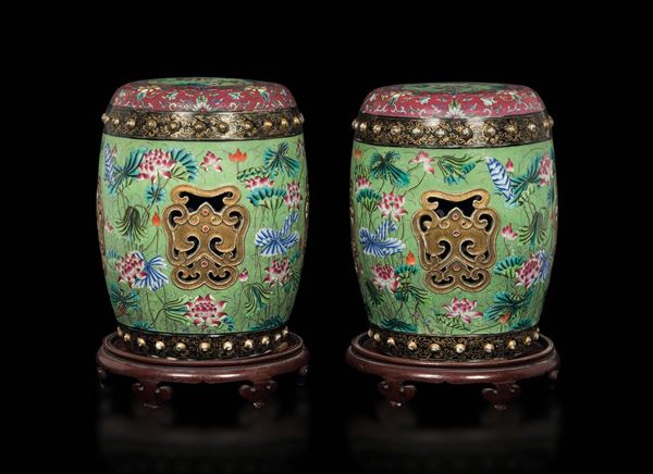 A pair of Famille-Rose garden seats with lotus flowers, China, early 20th century