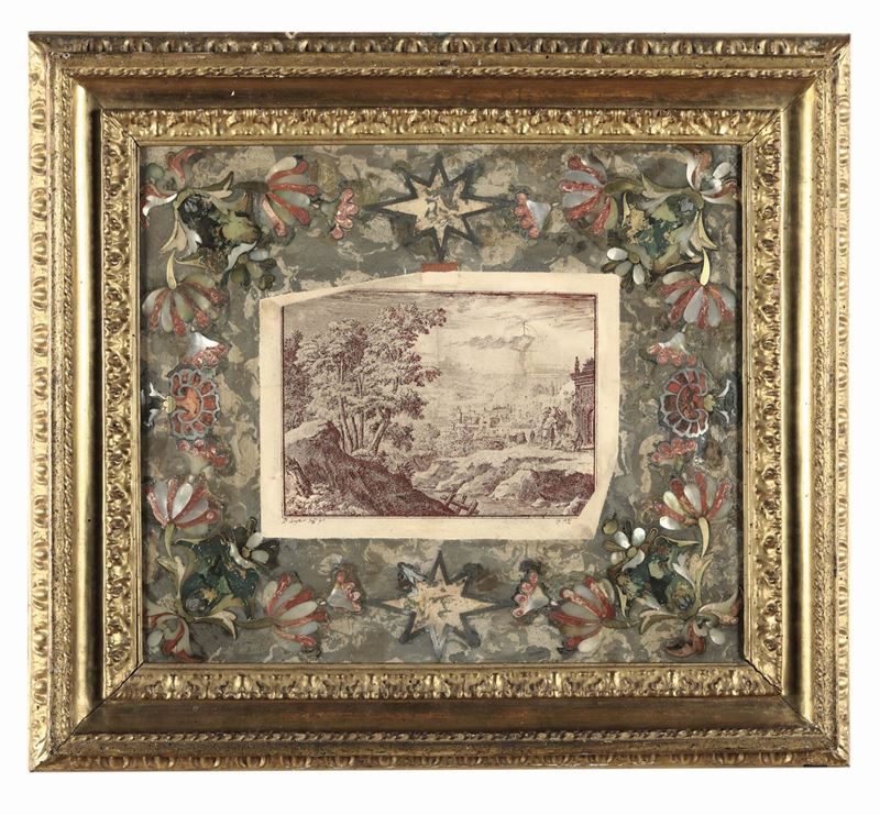 A trompe l'oeil in polychrome scagliola, mother-of-pearl, pewter and brass. Roman frame in carved and gilded wood, Pietro Seiter (Rome 1687-...). Signed and dated on the margin by the engraver: P.Sayter ins. f.t. a 1731 Trompe l'Oeil in scagliola policroma, madreperla, peltro e ottone. Cornice romana in legno intagliato e dorato, Pietro Seiter (Roma 1687-...). Firmata e datata sul margine dall'incisore: P.Sayter ins. f.t. a 1731  - Auction Important Artworks and Furnitures - Cambi Casa d'Aste