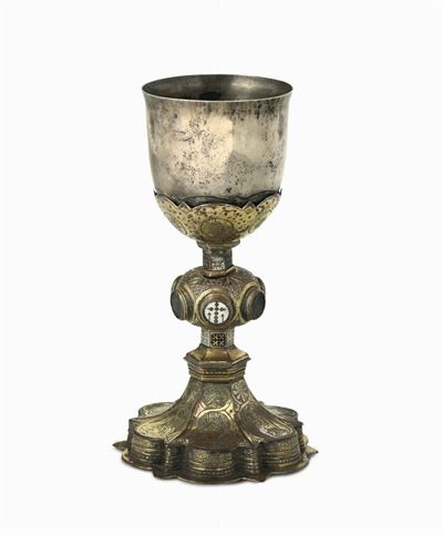 Calice in Rame Sbalzato, Cesellato, Dorato e Argento. Oreficeria Tardo Gotica, Firenze (?) XV-XVI...