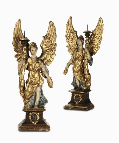 Coppia di Angeli Portacero in Cartapesta Dipinta e Dorata. Arte Barocca Italiana XVII-XVIII Secol...