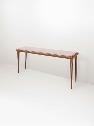 Consolle con Struttura in Metallo Dorato e Piano in Marmo.