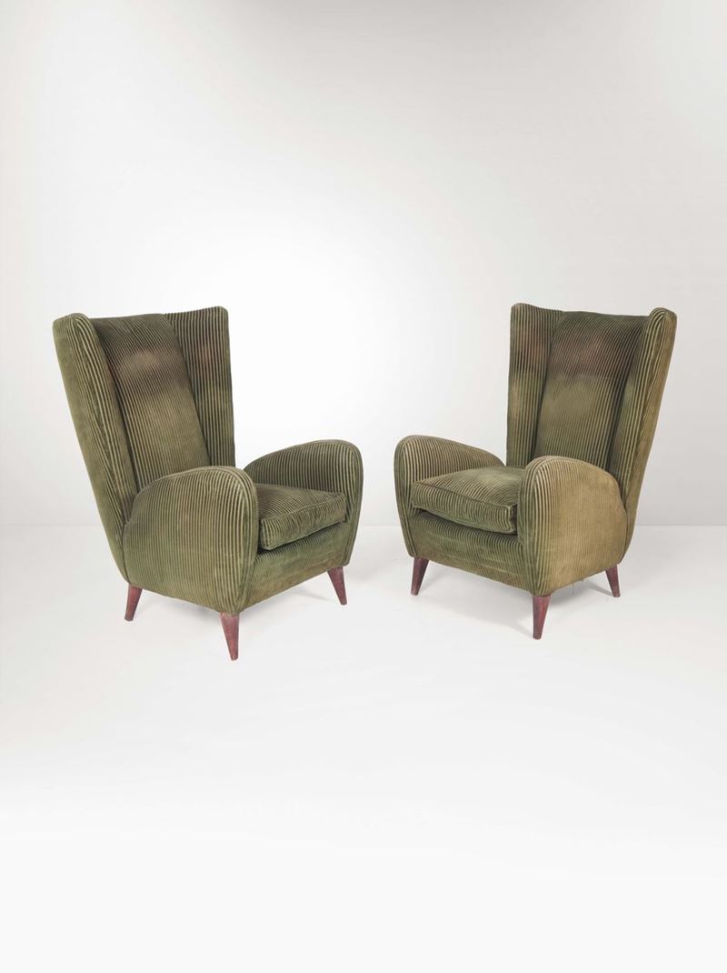 Coppia di poltrone con struttura in legno e rivestimento in tessuto.  - Asta Design - Cambi Casa d'Aste