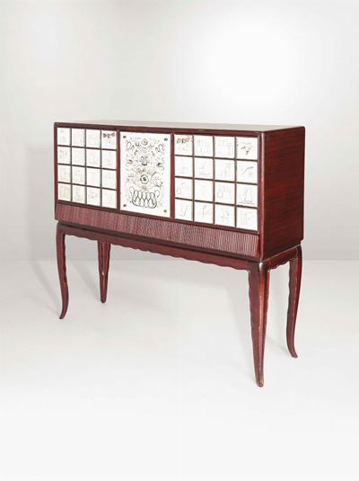Mobile Bar con Struttura in Legno e Rivestimenti in Vetro Specchiato e Decorato.