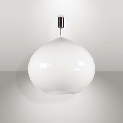 Lampada da Sospensione con Supporto in Ottone Lucido e Diffusore in Vetro di Murano.