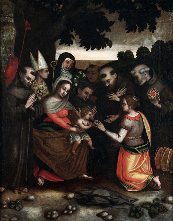 Scuola del XVI secolo Madonna con Bambino con frati Francescani
