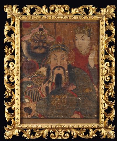 Dipinto su Carta Incorniciato Raffigurante Due Guandi e un Dignitario, Cina, Dinastia Qing, Epoca...