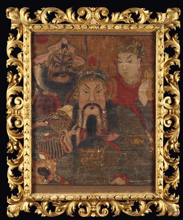 A framed painting on paper depicting two Guandi and a dignitary, China, Qing Dynasty, Qianlong period (1736-1796)