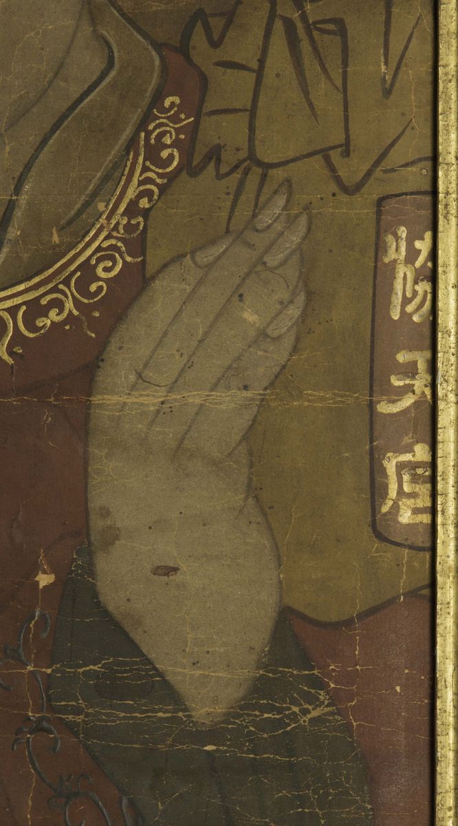 Dipinto su Carta Incorniciato Raffigurante Due Guandi e un Dignitario, Cina, Dinastia Qing, Epoca...