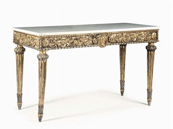 Console in stile Luigi XVI in legno intagliato e dorato, XIX secolo
