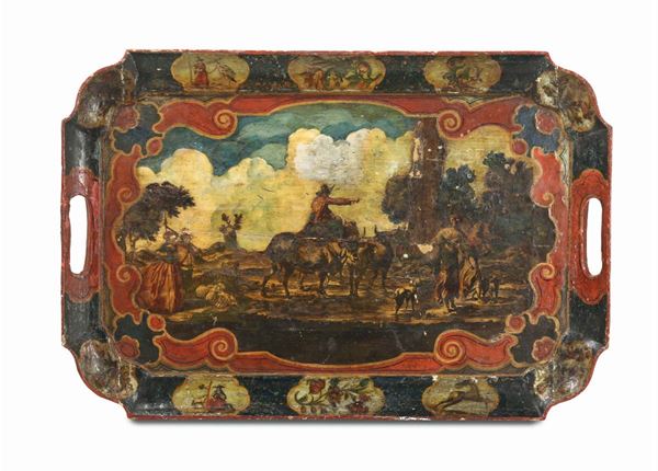 Vassoio biansato in legno dipinto, XVIII secolo