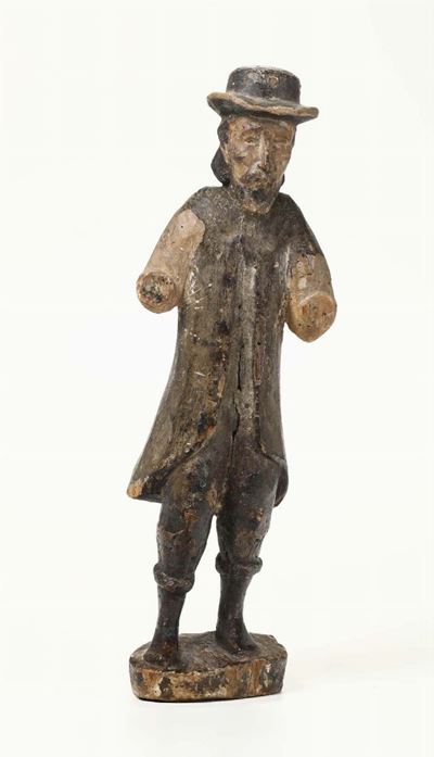 Figura Maschile con Cappello in Legno Scolpito, XIX Secolo