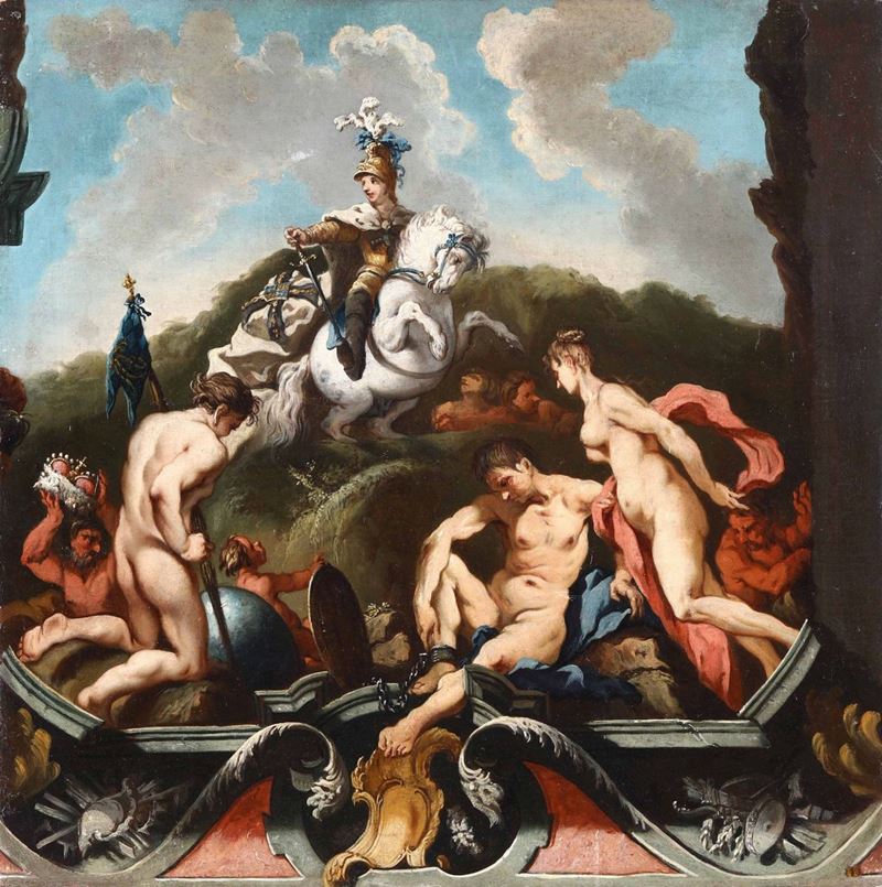 Scuola nord europea del XVIII secolo Scena allegorica con trionfo di cavaliere  - Asta Dipinti Antichi - Cambi Casa d'Aste