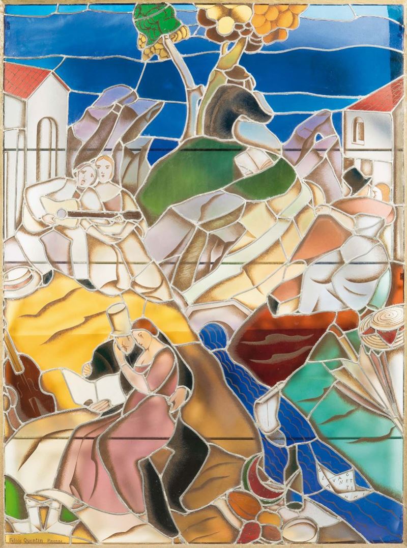 Gli Amanti, 1928 ca. A large leaded glass pane made by the Felice Quentin manufacture in Florence on a drawing by painter Gianni Vagnetti  - Auction 20th Century Decorative Arts - I - Cambi Casa d'Aste