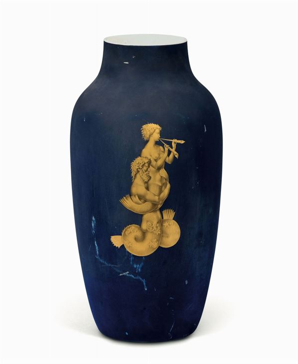 Giovanni Gariboldi, Richard Ginori, San Cristoforo, Milan, 1940. A large porcelain vase with opaque blue varnish and a gold decor of marine divinities