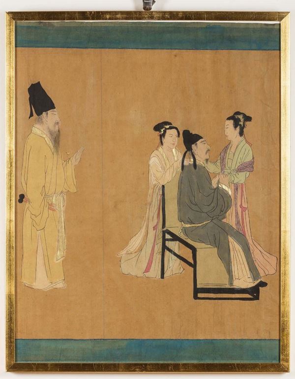Coppia di dipinti su carta raffiguranti dignitari e Guanyin, Cina, Dinastia Qing, XIX secolo