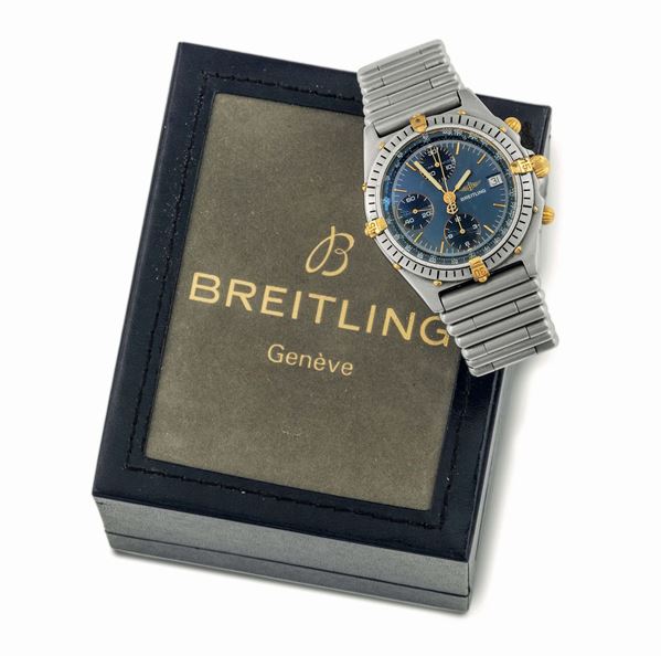 Breitling, 1884, Chronomat, BAMBOO BRACELET, No. 81950. Fine, self-winding, water-resistant, stainless steel and 18K yellow gold wristwatch with date, round button chronograph, registers, tachometer and a stainless steel and gold Breitling tubular link bracelet with concealed double deployant clasp. Accompanied by the additional links and original buckle. Made circa 1990