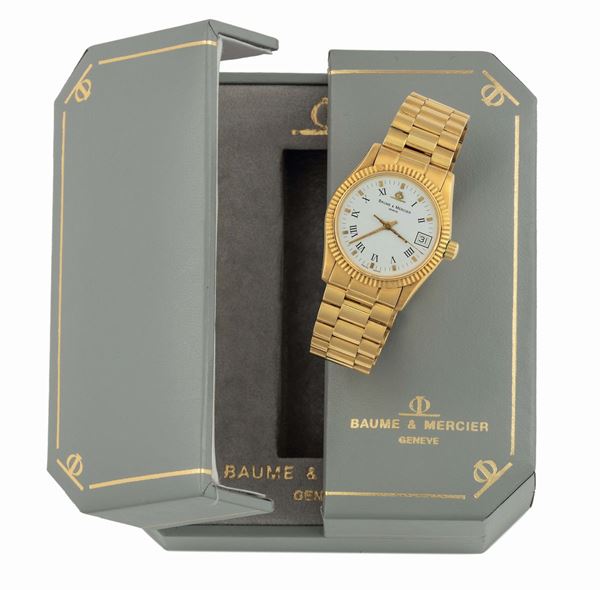 Baume Mercier, Geneve, 18K yellow gold quartz wristwatch with date and an original 18K yellow gold bracelet. Accompanied by the original box and Guarantee. Made circa 1980