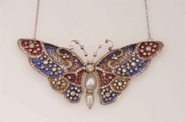Plique-à-jour enamel, natural pearl and diamond pendant. Designed as a butterfly