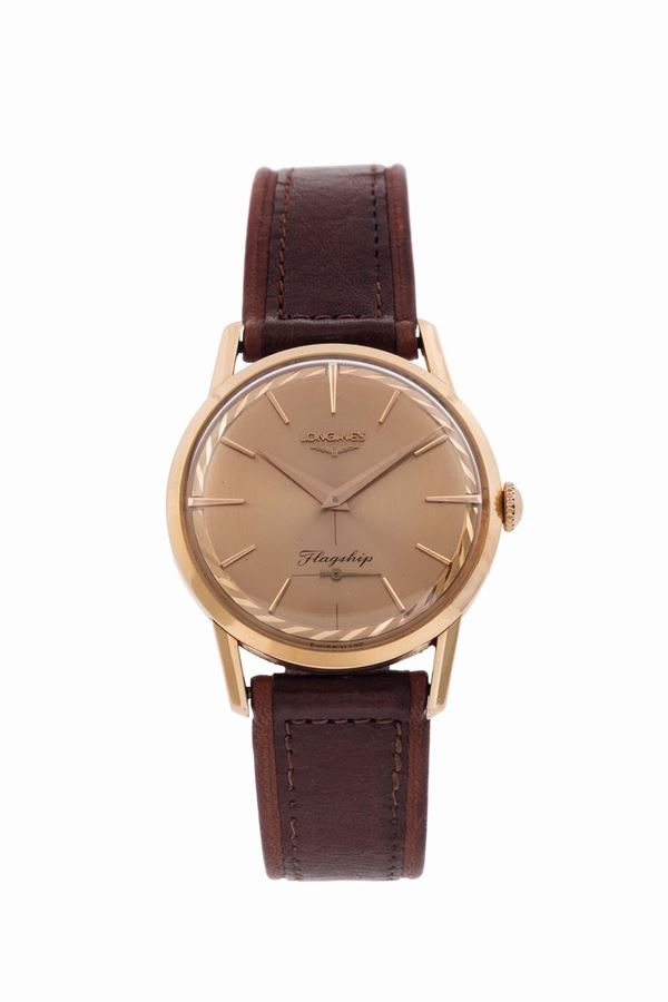 Longines, FLAGSHIP, 18K pink gold, self-winding wristwatch with original gold plated buckle. made circa 1960.