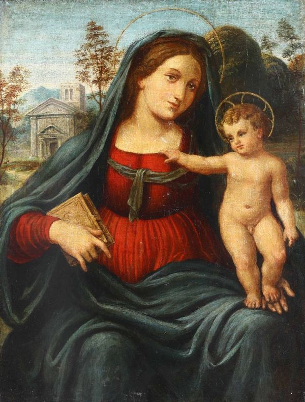 Scuola veneta del XVI secolo Madonna con Bambino in paesaggio