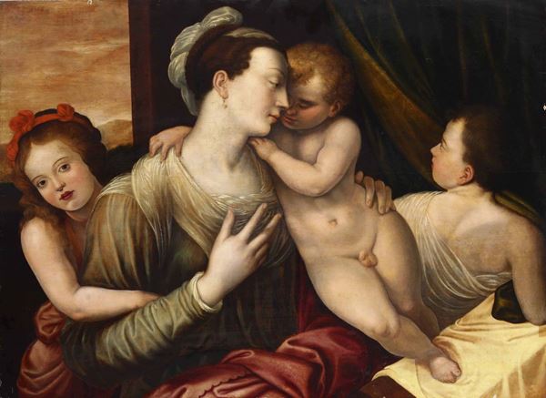Scuola nord europea della fine del XVI secolo Figura femminile con tre bambini