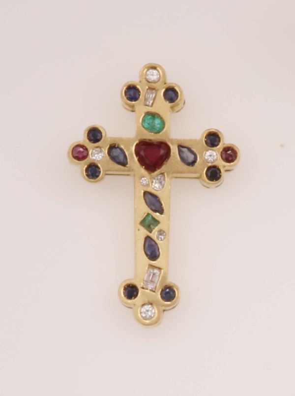 Pendente Croce con rubini, smeraldi, zaffiri e diamanti
